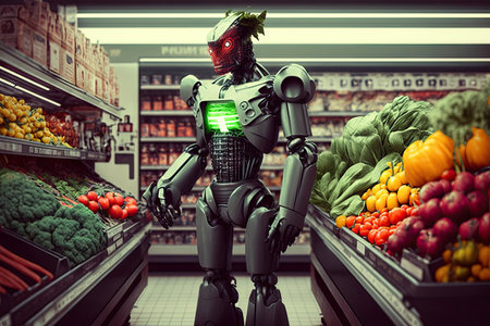 robot, inspecting variety of produce in grocery store, created with generative aiの素材