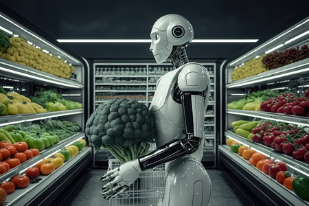 robot, inspecting variety of produce in grocery store, created with generative aiの素材