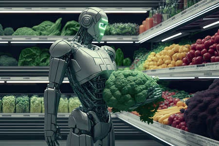 robot, inspecting variety of produce in grocery store, created with generative aiの素材