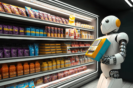 robotic arm grabbing snacks from shelf in modern convenience store, created with generative aiの素材