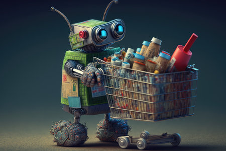 android robot loading up shopping cart with supplies for disaster relief, created with generative aiの素材