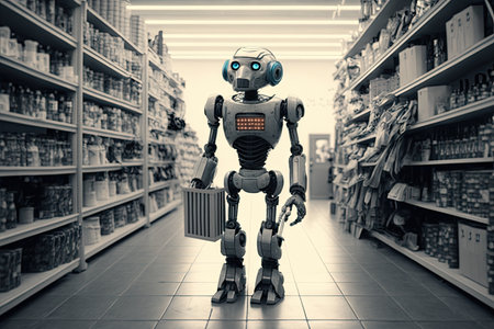 robot, browsing the aisles of hardware store, with various tools and equipment in view, created with generative aiの素材