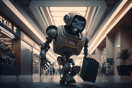robot thief sneaking into shopping mall and stealing merchandise from stores, created with generative aiの素材