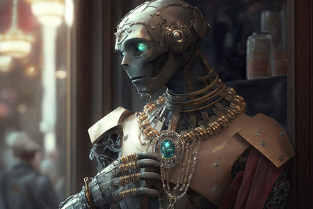 robot thief, broken into jewelry store and stealing precious gems, created with generative aiの素材