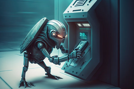 robotic thief sneaking into futuristic bank, stealing credit cards and cash, created with generative aiの素材