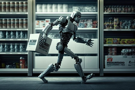 robot thief in action, quickly moving between different shelves in store and grabbing products, created with generative aiの素材