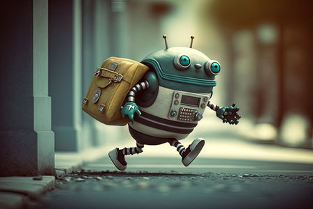 robot thief running down the street with stolen purse and smartphone, created with generative aiの素材