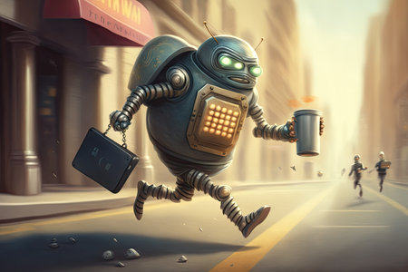 robot thief running down the street with stolen purse and smartphone, created with generative aiの素材