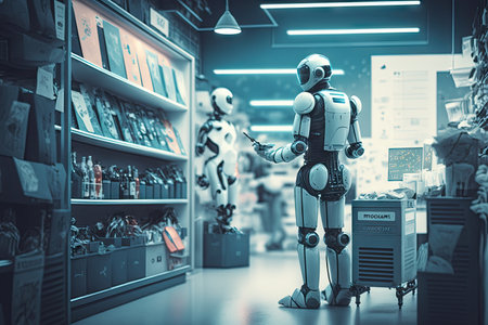 person, shopping for robot thief in high-tech store, with futuristic gadgets and devices on display, created with generative aiの素材