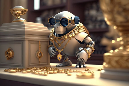 robotic thief, stealing expensive jewelry from safe in high-end jewelry store, created with generative aiの素材