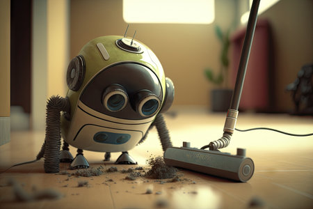 close-up of android robots suctioning head, cleaning the floor, created with generative aiの素材