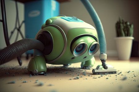 close-up of android robots suctioning head, cleaning the floor, created with generative aiの素材