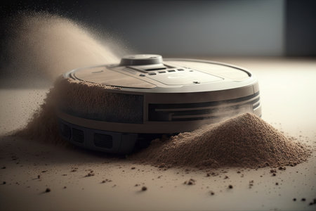 close-up of robot vacuum cleaner, with dust and dirt being picked up from floor, created with generative aiの素材