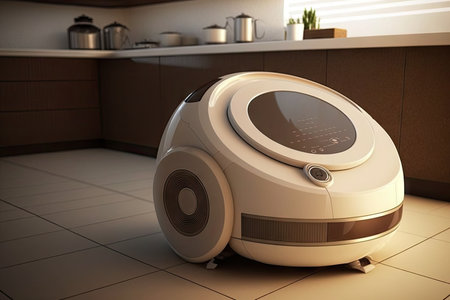high-tech android robot vacuums futuristic kitchen, keeping everything shiny and clean, created with generative aiの素材