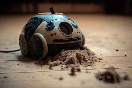 close-up of android robots powerful vacuum, removing dirt and dust on wooden floor, created with generative aiの素材