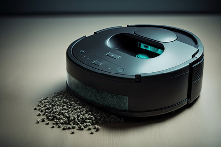 robot vacuum with its dust bin removed, showing the clean and shiny surface of the floor, created with generative aiの素材