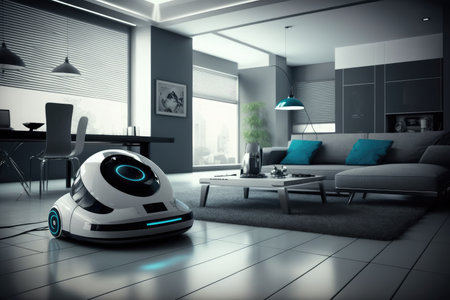 robot vacuuming futuristic home with sleek furniture and futuristic decor, created with generative aiの素材