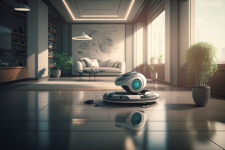 a futuristic apartment, with a robot vacuum diligently cleaning the floor, created with generative aiの素材
