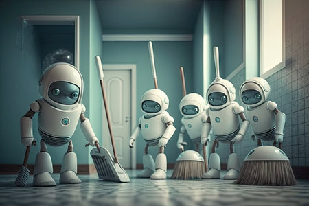 row of androids, each with their own unique design and personality, cleaning different rooms in futuristic home, created with generative aiの素材