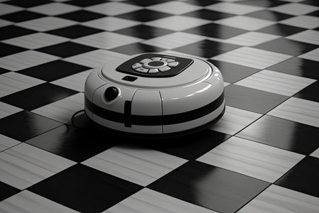 robot vacuum running on black and white checkerboard floor, created with generative aiの素材
