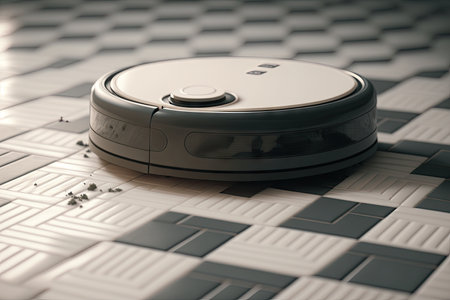 close-up of robot vacuums rotating brush, picking up dust and debris on tile floor, created with generative aiの素材