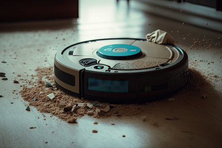 close-up of robot vacuums rotating brush, picking up dust and debris on tile floor, created with generative aiの素材