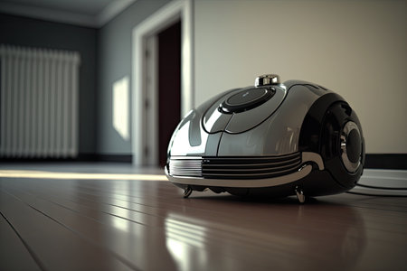 a chrome android robot vacuum cleaner, vacuuming a modern and sleek apartment, created with generative aiの素材
