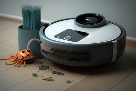 robot vacuum cleaner with bin, charging cord and remote control in the background, created with generative aiの素材
