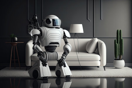 an android robot vacuuming a room with modern furniture and sleek decor, created with generative aiの素材