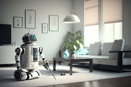 an android robot vacuuming a room with modern furniture and sleek decor, created with generative aiの素材