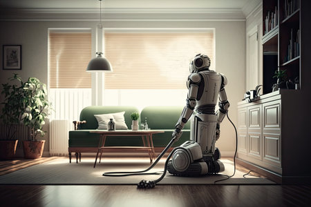 an android robot vacuuming a room with modern furniture and sleek decor, created with generative aiの素材