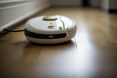 close-up of android robot vacuums, with its tiny robotic arm moving back and forth, created with generative aiの素材
