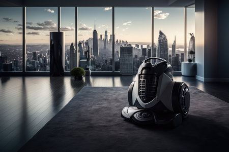 robot, vacuuming over sleek black carpet, with view of futuristic city visible in the background, created with generative aiの素材