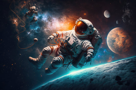 artistic astronaut floating among the stars and planets, with a view of the breathtaking and endless cosmos, created with generative aiの素材