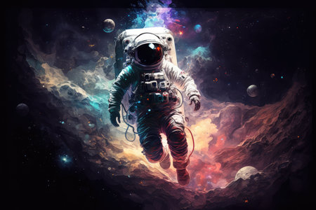 artistic astronaut floating through space, surrounded by stars and galaxies, created with generative aiの素材