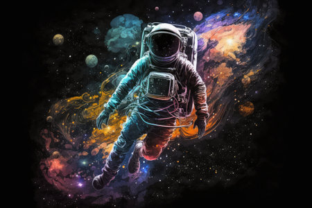 artistic astronaut floating through space, surrounded by stars and galaxies, created with generative aiの素材