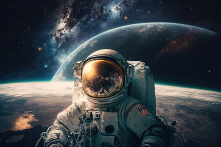 astronaut, with view of the earth and stars in the background, creating stunning art piece, created with generative aiの素材