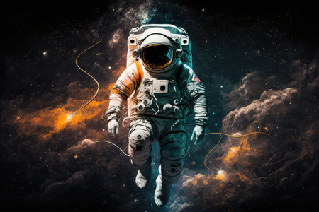 astronaut, floating through space, with view of stars and planets visible in the background, created with generative aiの素材