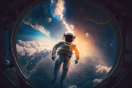 astronaut, floating through space with view of the universe visible in the background, created with generative aiの素材
