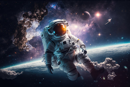 astronaut, floating through space with view of the universe visible in the background, created with generative aiの素材