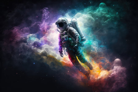 artistic astronaut floating among vibrant and mysterious nebula, created with generative ai