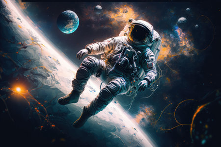 artistic astronaut floating among the stars, with planets and galaxies in the background, created with generative aiの素材