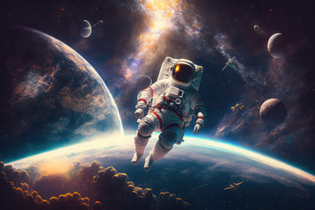 artistic astronaut floating through space, with view of the stars and planets visible in the background, created with generative aiの素材