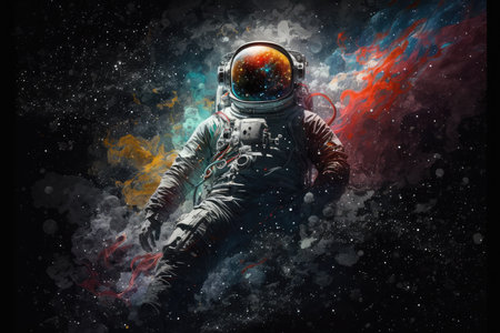 artistic astronaut, floating in the vast expanse of space, with stars and planets in the background, created with generative aiの素材