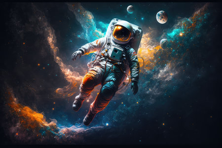 dreamlike scene of artistic astronaut floating through space, with stars and planets in the background, created with generative aiの素材