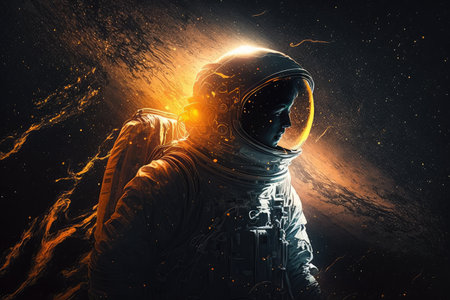 artistic astronaut floating among the stars, her spacesuit illuminated by the sun, created with generative aiの素材