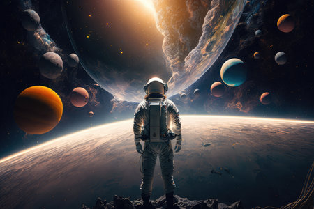 artistic astronaut, surrounded by breathtaking view of the solar system, floating through space, created with generative aiの素材