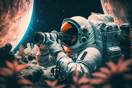 creative astronaut, exploring new planet with futuristic space suit and camera, created with generative aiの素材