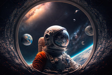 artistic astronaut, floating in zero gravity with view of celestial bodies and distant planets, created with generative aiの素材