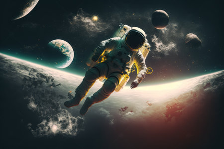 artistic astronaut, floating in zero gravity with view of celestial bodies and distant planets, created with generative ai